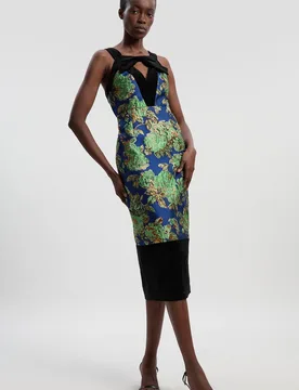 Women's Velvet & Jacquard Contrast Strappy Tailored Midi Dress in Cobalt Size: 10 - Cobalt - Size: 10 - Karen millen - FashionsVida