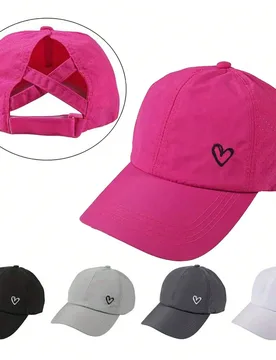Pieza Gorra de béisbol unisex con bordado de corazón - Gorra ajustable de corona alta con coleta, estructura transpirable, adecuada para golf, sende - Shein - FashionsVida