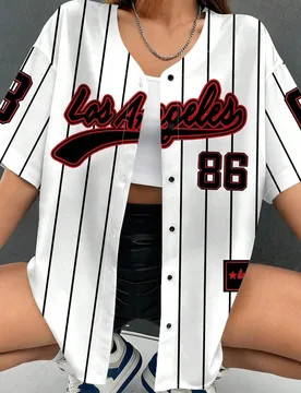 Chaqueta de béisbol de manga corta y holgada con abertura frontal para mujer, adecuada para camisa de béisbol corta de jersey de verano M - Shein - FashionsVida