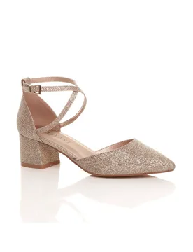 Women's Mid Block Heel Crossed Straps Pointed Toe 2 Part Heels in Rose Gold Size: 7 - Rose Gold - Size: 7 - Ajvani - FashionsVida
