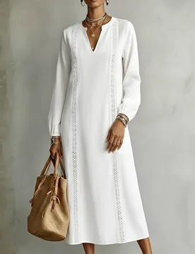 Vestido de vacaciones para mujer con patchwork de encaje, manga larga, blanco, otoño, estilo boho elegante S - Shein - FashionsVida