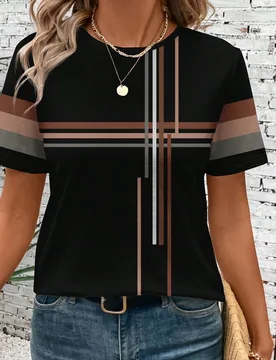 Camiseta de mujer de manga corta con cuello redondo y patrón de rayas casual, adecuada para primavera/verano y salidas informales S - Shein - FashionsVida