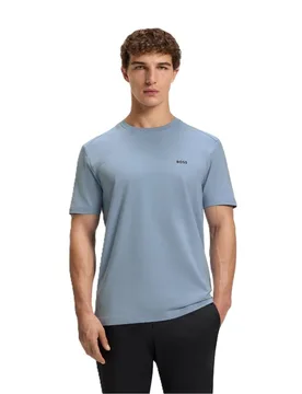 Mens Ribbed Collar Crew Neck Short Sleeve Polo Shirt In Open Blue - Size Small - BOSS - FashionsVida