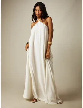 Vestido largo sin espalda con cuello halter y lazo al cuello, silueta fluida, para verano, vacaciones y playa L - Shein - FashionsVida