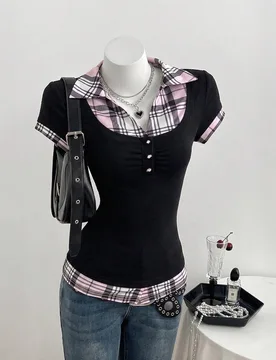 Camiseta de mujer de verano casual con cuello de camisa, patchwork a cuadros, 2 en 1, manga corta, ajuste ceñido XXS - Shein - FashionsVida