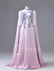 Retro-style stand-up collar long-sleeved light purple patterned long performance host dress