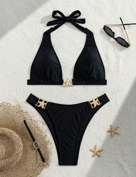 Nuevo conjunto de traje de baño de dos piezas para mujer, unicolor, cuello halter, espalda abierta con lazo, decoración de estrella de mar, cintura - Shein - FashionsVida
