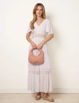 Womens V-Neck Tiered Crochet Detail Maxi Dress - Ivory - Size Large - Blue Vanilla - FashionsVida