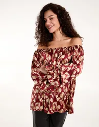 Floral Ruched Sleeve Bardot - ONE / BURGUNDY - female