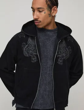 Herren Verkürzt geschnittener Drachen-Grafik Gewaschener Durchgehend Reißverschluss Hoodie Sweatshirt Black Größe Medium - boohooMAN - FashionsVida