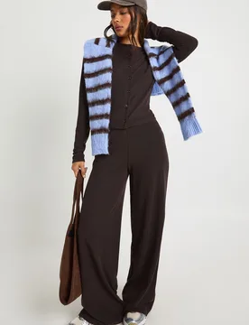 Womens Rib Button Through Long Sleeve Top And Wide Leg Trouser Co-Ord - Chocolate - Size 16 Uk - Boohoo - FashionsVida