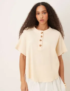 Womens Heavy Waffle Short Sleeve Henley Top In - Cream - Size X-Small - ASOS DESIGN - FashionsVida