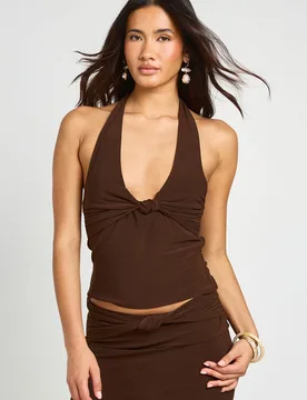 Womens Double Layer Slinky Knot Detail Halterneck Top - Chocolate - Size 14 Uk - Boohoo - FashionsVida