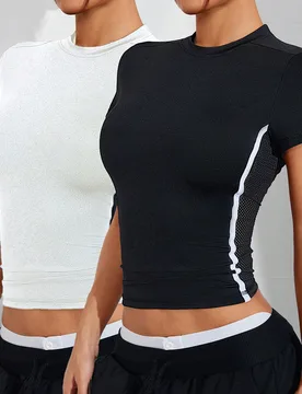 Camiseta de mujer para yoga, fitness y entrenamiento, de ajuste ceñido, casual para ir y venir, con rayas blancas laterales, sexy y cómoda, adecuada - Shein - FashionsVida