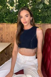 Womens Round Neck Denim Zip Up Back Crop Top With A Tassel Hem - Dark Blue - Size Large