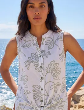 Women's Floral Puff Print Tie Blouse in White Size: 20 - White - Size: 20 - Roman - FashionsVida