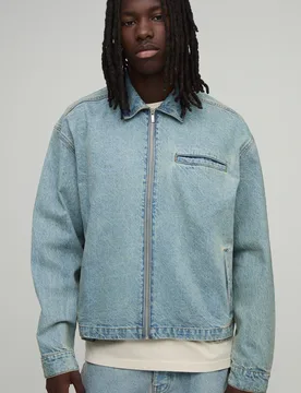 Mens Essential Boxy Denim Harrington Jacket - Blue Cotton - Size Medium - boohooMAN - FashionsVida