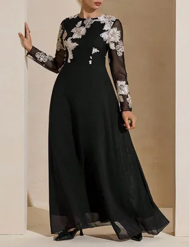 Vestido de manga larga con cuello redondo, cintura ceñida y bordado de malla para mujeres, color negro 2XL - Shein - FashionsVida