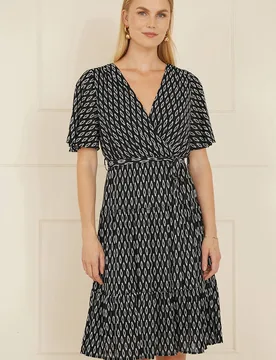 Women's Black Geo Print Mesh Stretch Midi Skater Dress Size: 14 - Black - Size: 14 - Yumi - FashionsVida