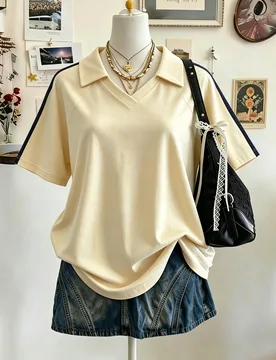 Camiseta de manga corta con cuello en V y hombros caídos, de estilo minimalista y artesanal con correa tejida, regalo para amigas L - Shein - FashionsVida