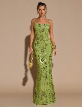 Vestido largo elegante para mujer con lentejuelas verdes y doradas, bordado floral 3D, espalda descubierta con tirantes anudados, para verano, invitad - Shein - FashionsVida