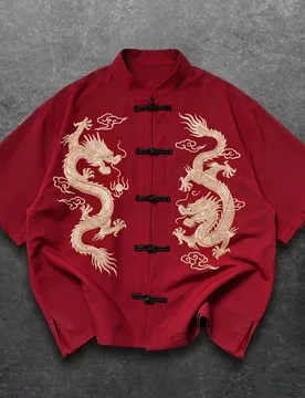 Camisa de manga corta casual retro con estampado de dragón dorado para hombres XL - Shein - FashionsVida