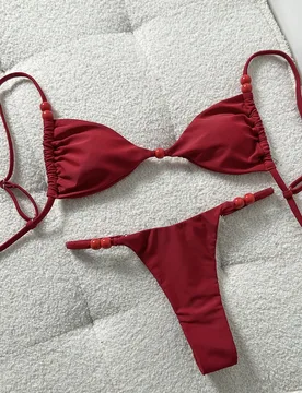 Bikini de mujer Swim Mod-D de unicolor con tirantes de espagueti y decoración de cuentas rojas, para primavera/verano S - Shein - FashionsVida