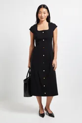 Women's Petite Bengaline Button Down Midi Dress in Black Size: 12 - Black - Size: 12