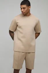 Mens Regular Fit Bonded Scuba T-Shirt & Slim Pintuck Short Set - Taupe - Size Small