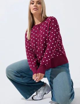 Women's Polka Dot Cardigan Sweater in Dark Red Size: 18-20 - Dark Red - Size: 18-20 - Yours - FashionsVida