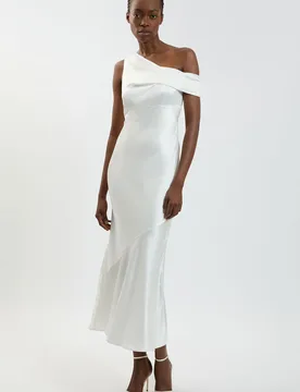 Womens Viscose Satin Asymmetric Shoulder Maxi Dress - White - Size 14 Uk - Karen millen - FashionsVida