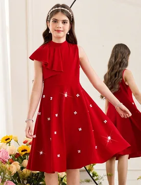 Vestido para niña preadolescente de primavera/verano, casual, elegante, glamuroso y exquisito, con cuentas, falda acampanada con bajo de volantes exa - Shein - FashionsVida