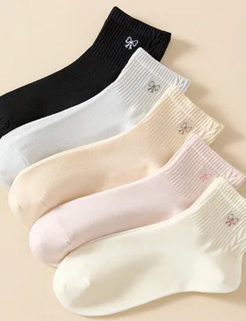 Pares de calcetines cortos tipo náutico con lazo de encaje negro para mujer, para todas las estaciones, uso en casa, protección de pantorrilla - Shein - FashionsVida