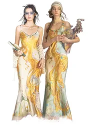 Hot printed beaded neckline halter long dress