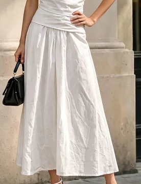 Falda larga de mujer de otoño color blanco puro, cintura alta con cremallera trasera, plisada y fluida en línea A, adecuada para uso diario L - Shein - FashionsVida