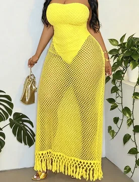 Vestido ajustado de talla grande para mujer con dobladillo con flecos, sin tirantes, espalda descubierta y cintura hueca, adecuado para viajes, celebr - Shein - FashionsVida