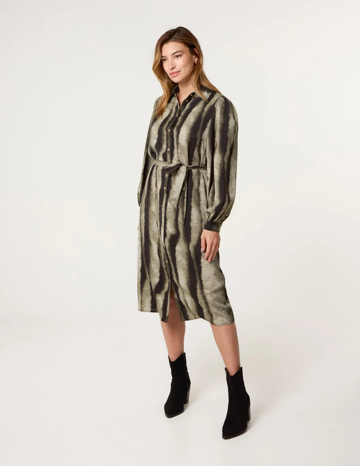 Printed Puff Sleeve Button Through Midi Dress - 16 / KHAKI - female - Blue Vanilla - FashionsVida