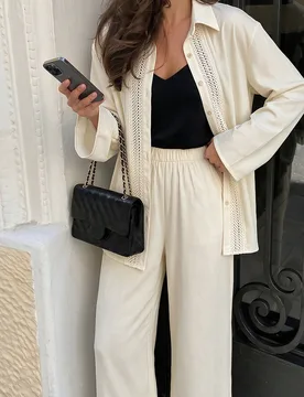 Camisa de mujer color crema con panel de ganchillo hueco y cuello de solapa, manga larga holgada con frente abierto, prenda exterior casual para salid - Shein - FashionsVida