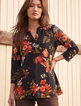 Women's Floral Print Pocket Front Tunic Top in Black Size: 16 - Black - Size: 16 - Roman - FashionsVida
