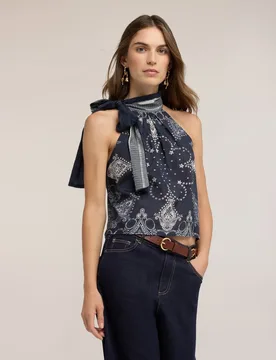 Top de mujer de muselina de algodón con estampado ajuste regular sin mangas - Motivi - FashionsVida