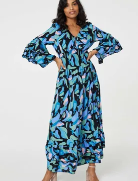 Women's Printed Ruffle Hem Empire Maxi Dress in Blue Size: 10 - Blue - Size: 10 - Izabel London - FashionsVida