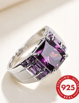 Pieza Anillo de mujer de plata de ley 925 con circonita cúbica cuadrada púrpura, joyería para mujer, talla 6-10, elegante & simple, adecuado para u - Shein - FashionsVida