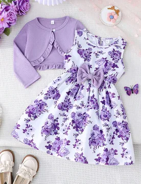 Piezas Conjunto de primavera/otoño para niña joven: Chaqueta elegante con ribete de volantes emparejada con vestido sin mangas con estampado floral - Shein - FashionsVida