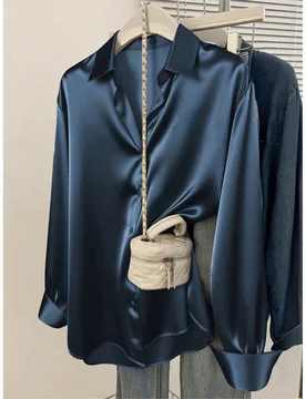 Camisa de satén con botones para mujer, blusa de cuello casual de negocios, adecuada para la oficina, uso diario elegante, primavera, otoño, verano, - Shein - FashionsVida