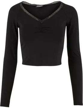 Langarmshirt - Ladies Short Lognsleeve Lace Shirt - XS bis XL - für Damen - Größe XL - schwarz - Frauen - female - Urban classics - FashionsVida
