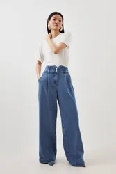 Women's Petite Denim Wide Leg Trousers in Mid Blue Size: 16 - Mid Blue - Size: 16