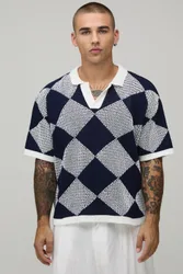 Mens Oversized Boxy Open Stitch Crochet Knitted Polo - Navy - Size Medium