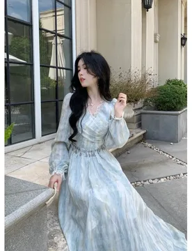 A stylish blue tie-dyed lace collared long-sleeved dress - Aliexpress - FashionsVida