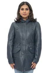 Women's Leather Hooded Parka Jacket-Bucharest in Navy Size: 12 - Navy - Size: 12