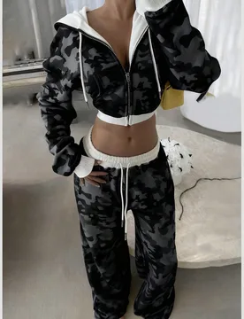 Conjunto informal de 2 piezas de sudadera con capucha de manga larga con cremallera frontal y cordón en el bajo y pantalones de mujer con estampado d - Shein - FashionsVida